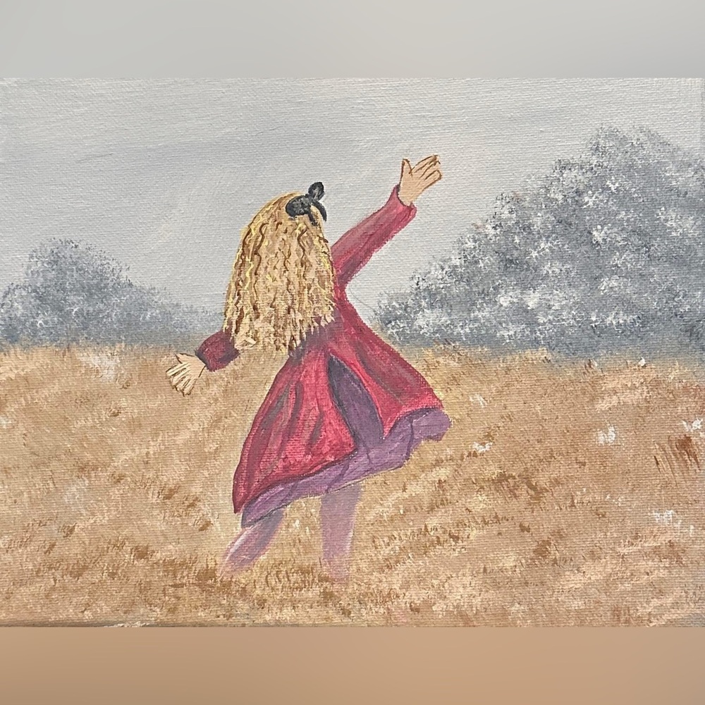 Whimsical Girl in Red and Purple Art Painting